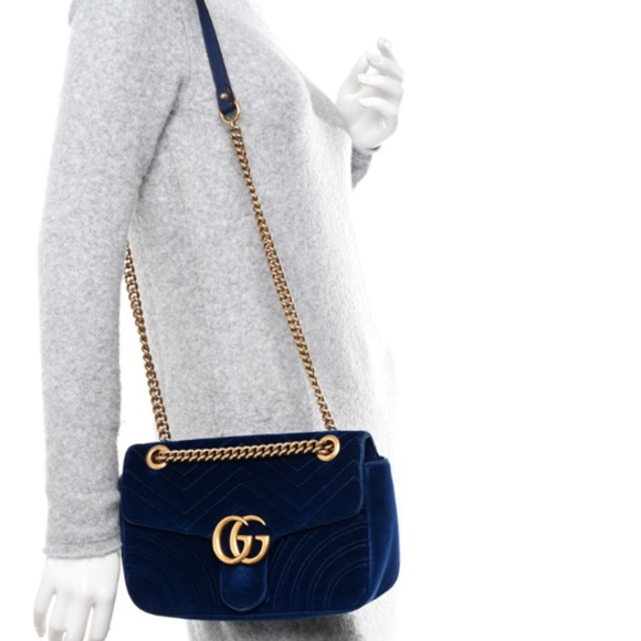 New Gucci GG Velvet Matelasse Small Marmont Shoulder Bag Cobalt Blue - Picture 10 of 17